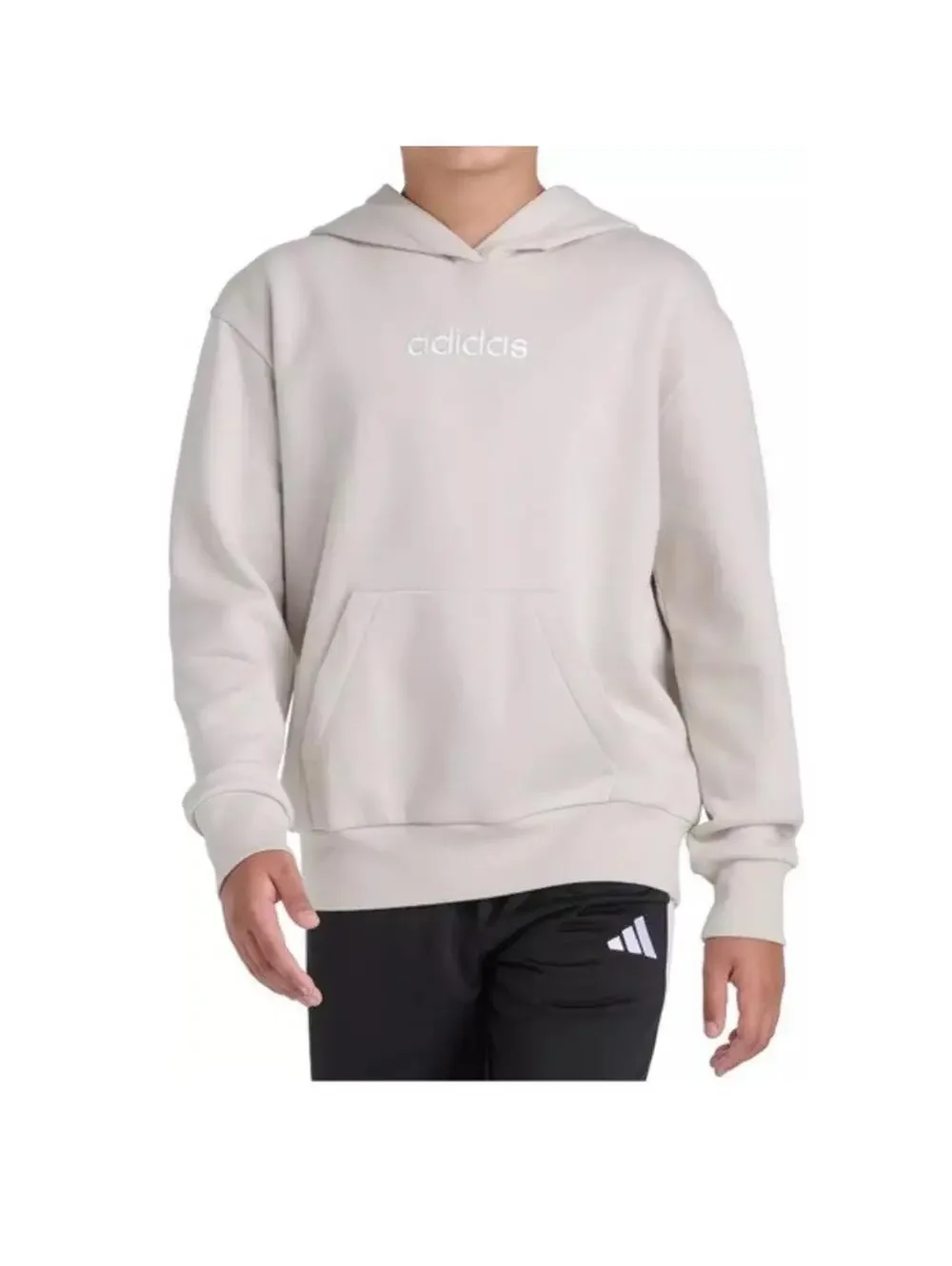 Adidas Boys Essential Linear Embroidered Fleece Hooded Natural Sweatshirt M